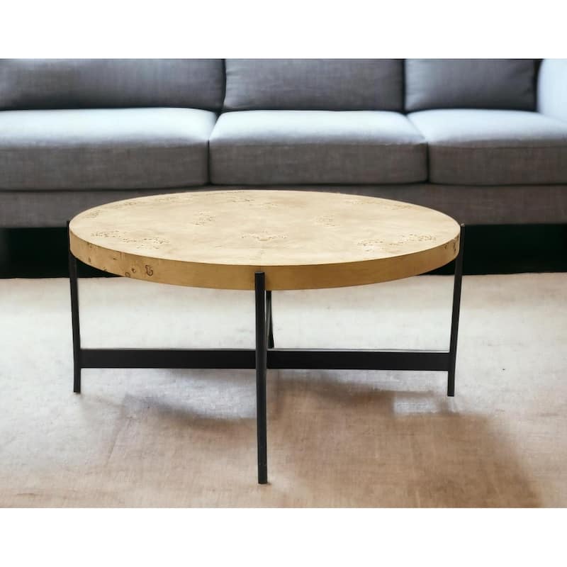 HomeRoots 36" Natural And Black Wood and Iron Round Coffee Table - 36' X '18' X '36 - Natural