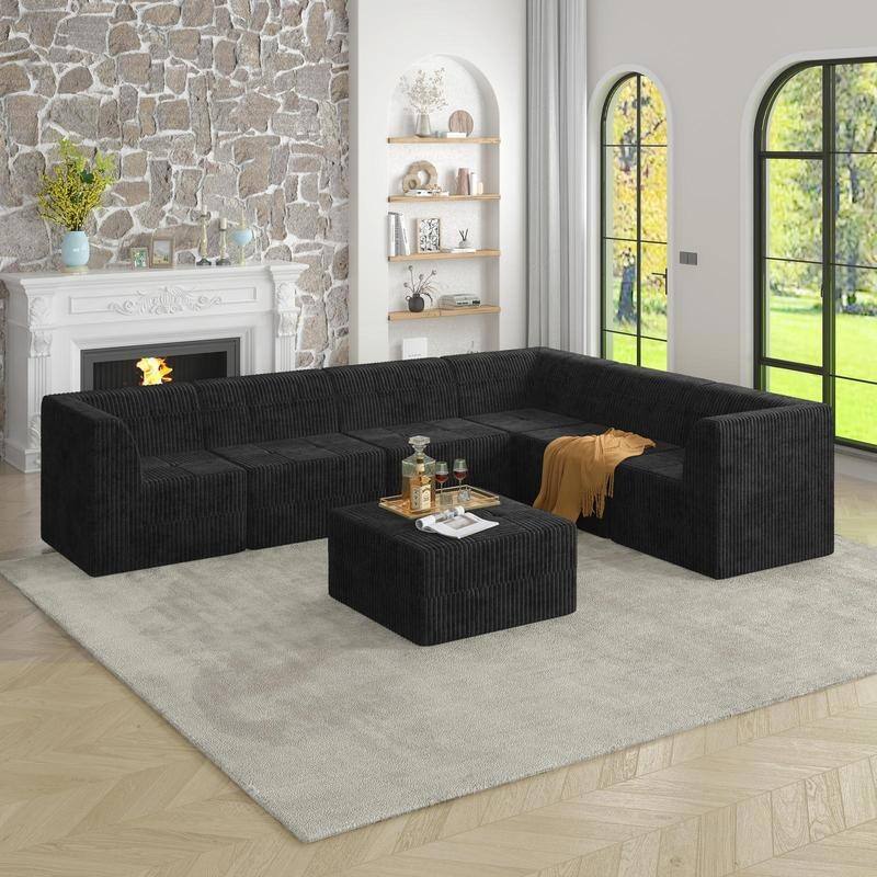 No Tool DIY Sofa Bed, L-Shape Modular Corduroy, Space Saving - Black-2