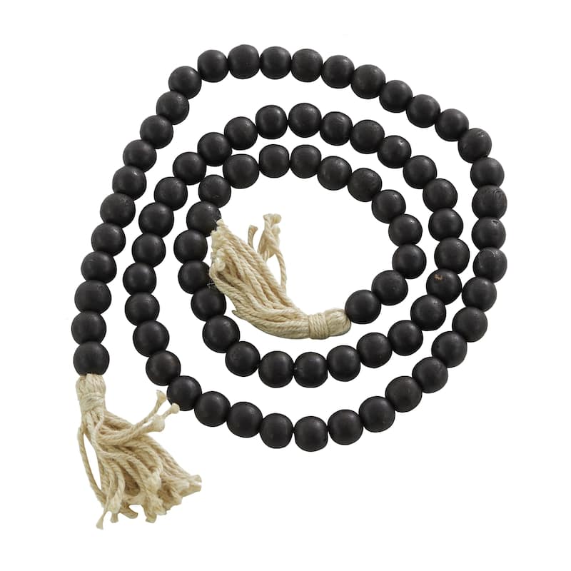 Mango Wood Handmade Round Long Carved Beaded Garland with Tassel - Roche River Decor - Black - 80"L