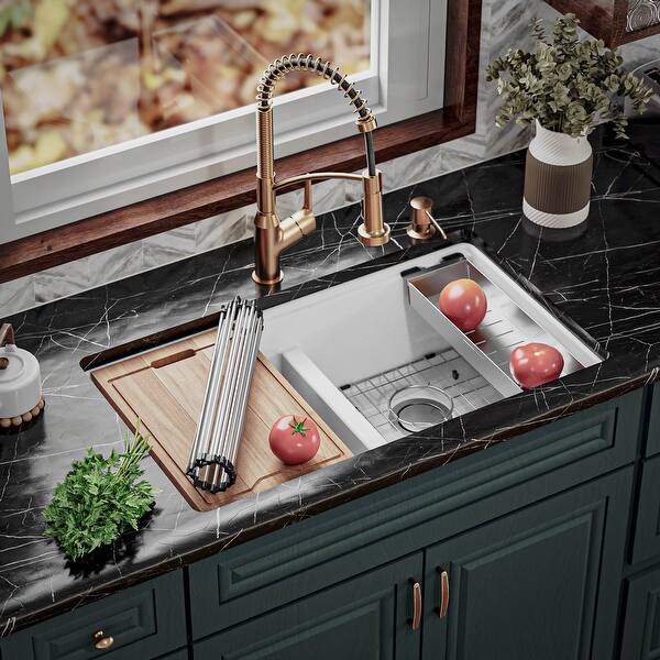 slide 2 of 56, Karran QUWS-880 Undermount 32-1/2 in. Double Equal 50/50 Bowl Workstation Kitchen Sink