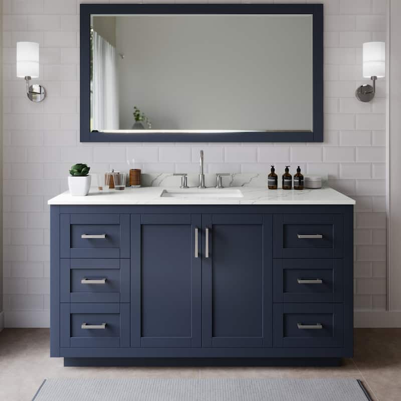 Wyndham Collection WCF292966S-QTZ-US3MXX Miranda 66" Free Standing - Dark Blue / Giotto Quartz Top / Brushed Nickel