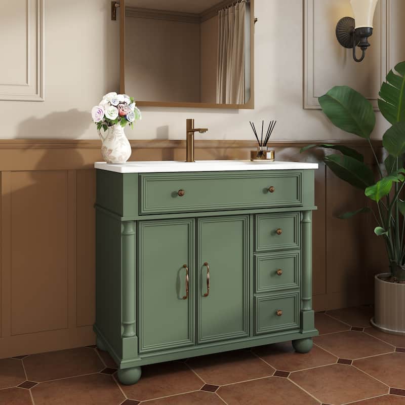 28"/36" Bathroom Vanity with Sink, Integrated Ceramic Basin Vanity Cabinet with Roman Column Base, Solid Wood Frame