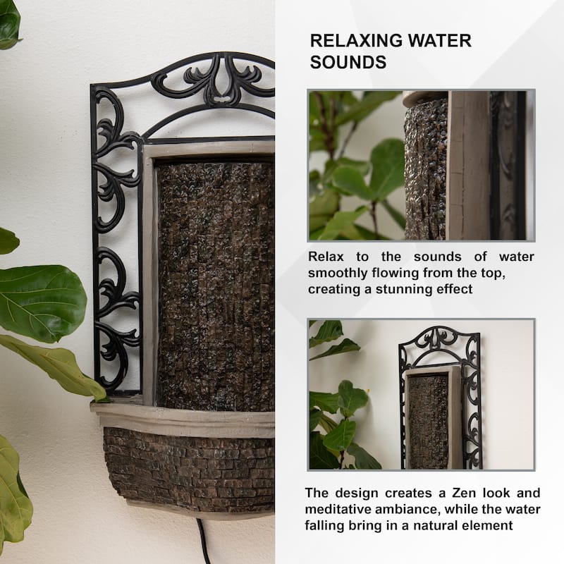 XBrand 30.31" H Stone/Black Polyresin and Metal Indoor Outdoor Wall Mounted Waterfall Fountain with Pump