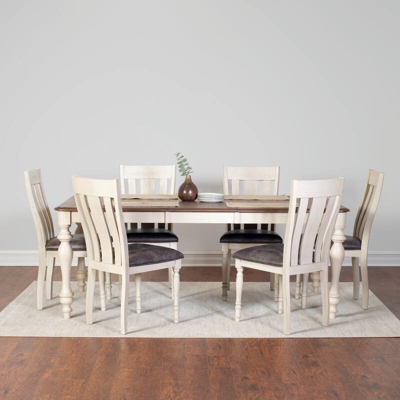 Roundhill Furniture Arch Weathered Oak Dining Set: Table with Extension Leaf, Six Chairs