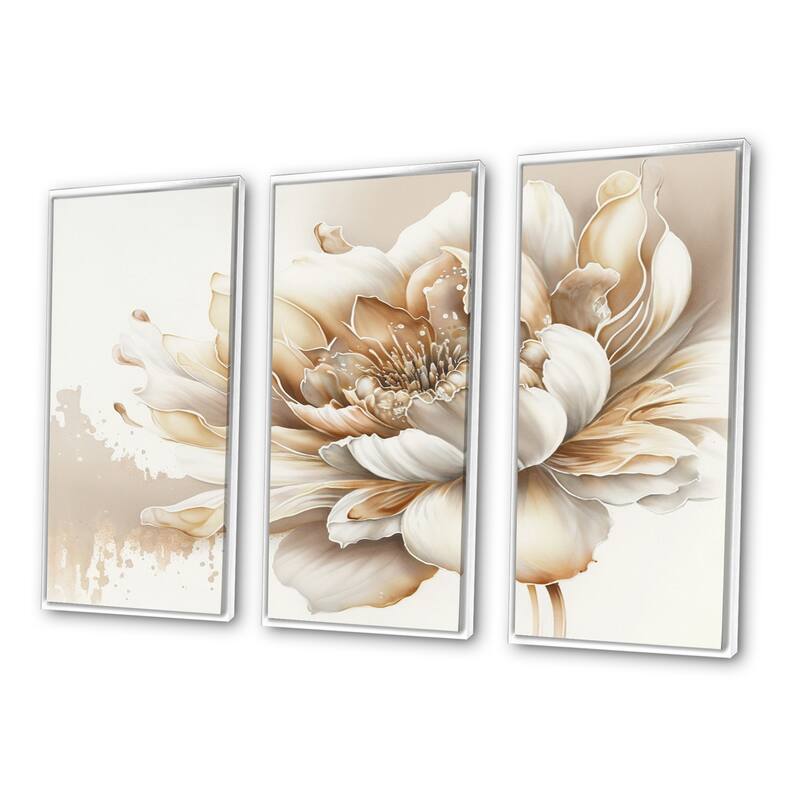 Designart "Blooming Beige Floral Design I" Floral Framed Canvas Art Print - 3 Panels