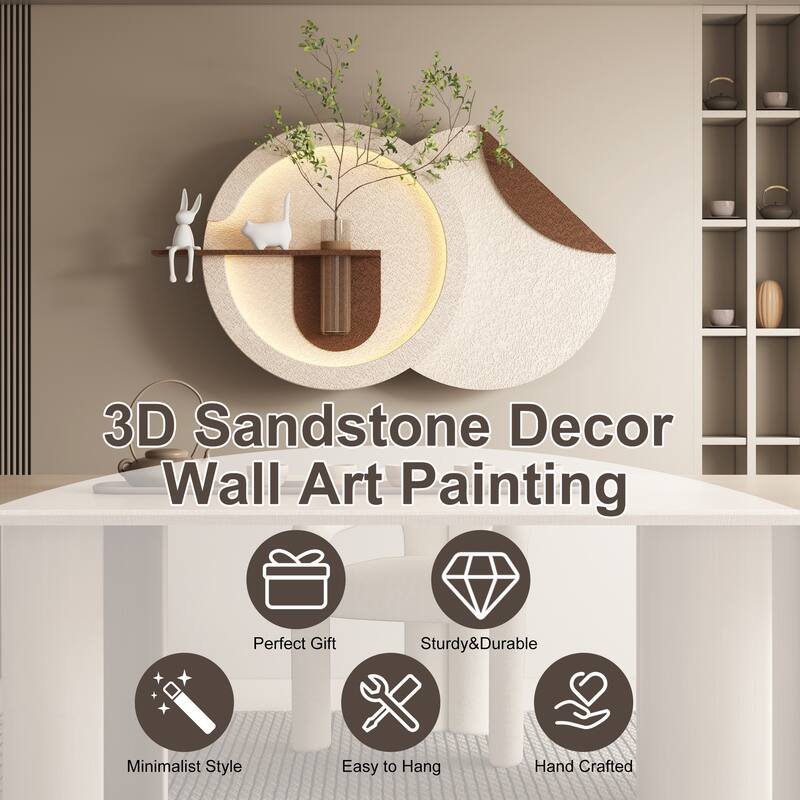 Roomfitters LED Sandstone Wall Art, 3D Round Sculpture with Light and Fake Rabbit Statue, Light Coffee