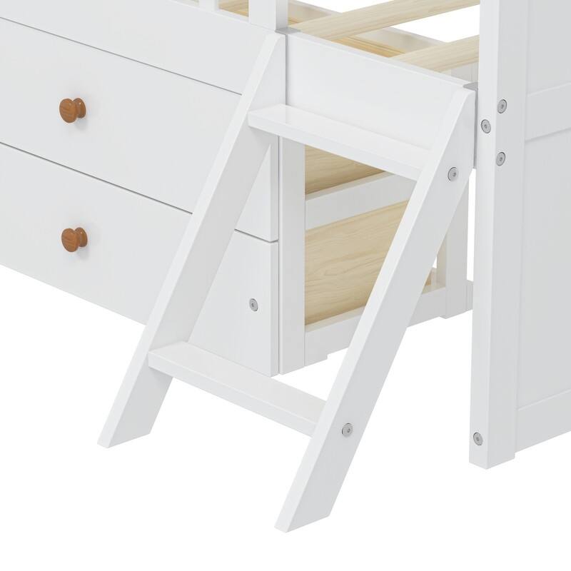 Twin Size Kids House Bed Frame with Storage Headboard and 4 Drawers, Wooden Platform Bed with Guardrail and Small Ladder