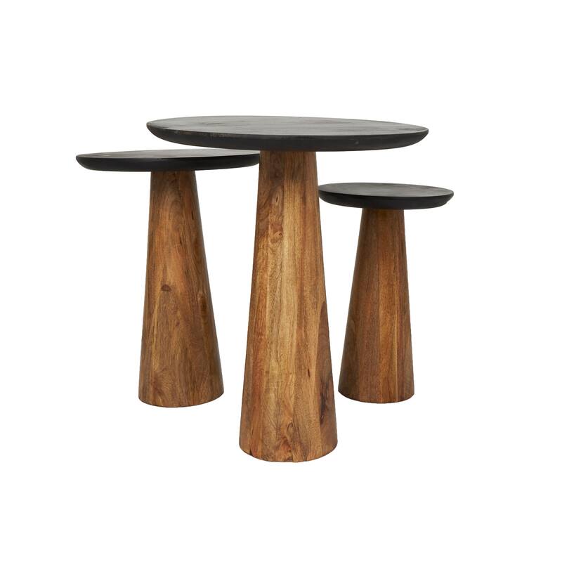 Brown Mango Wood Handmade Cone Shaped Accent Table with Black Tabletops (Set of 3)