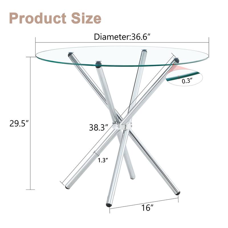 Roomfitters Clear Glass Dining Table for 4-6 with Ring-Shaped Silver Metal Legs for Kitchen or Work Space