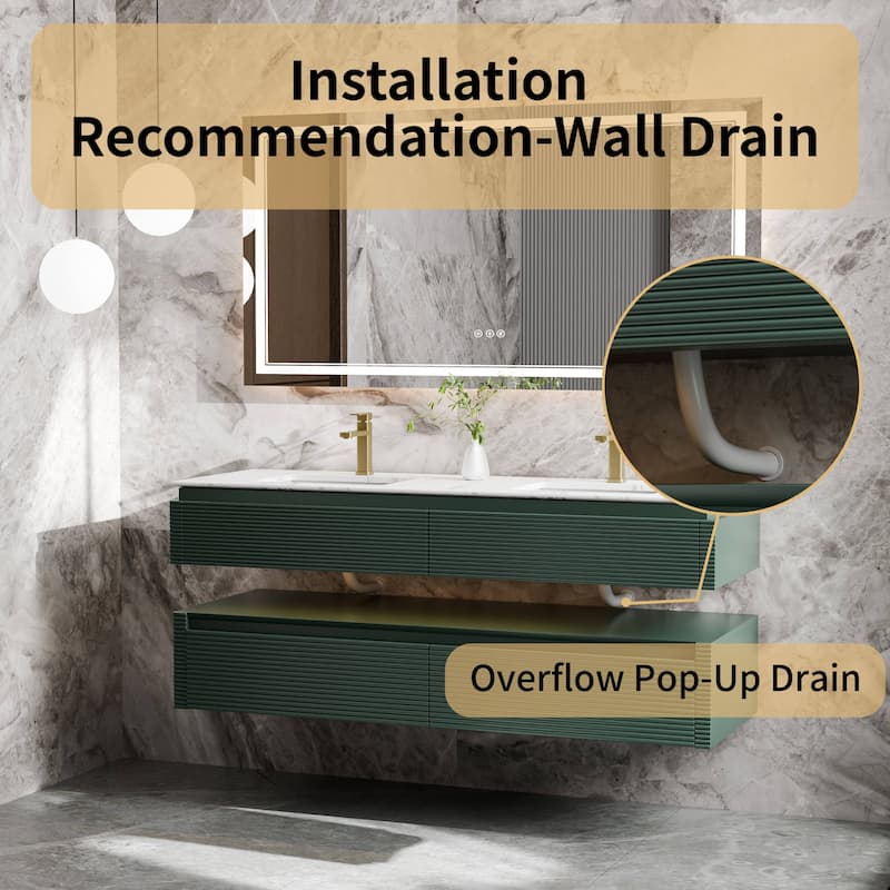 Modland 60" Modern Wall-Mounted Double Sink Bathroom Vanity with Engineered Stone Countertop, Soft-Close Drawers