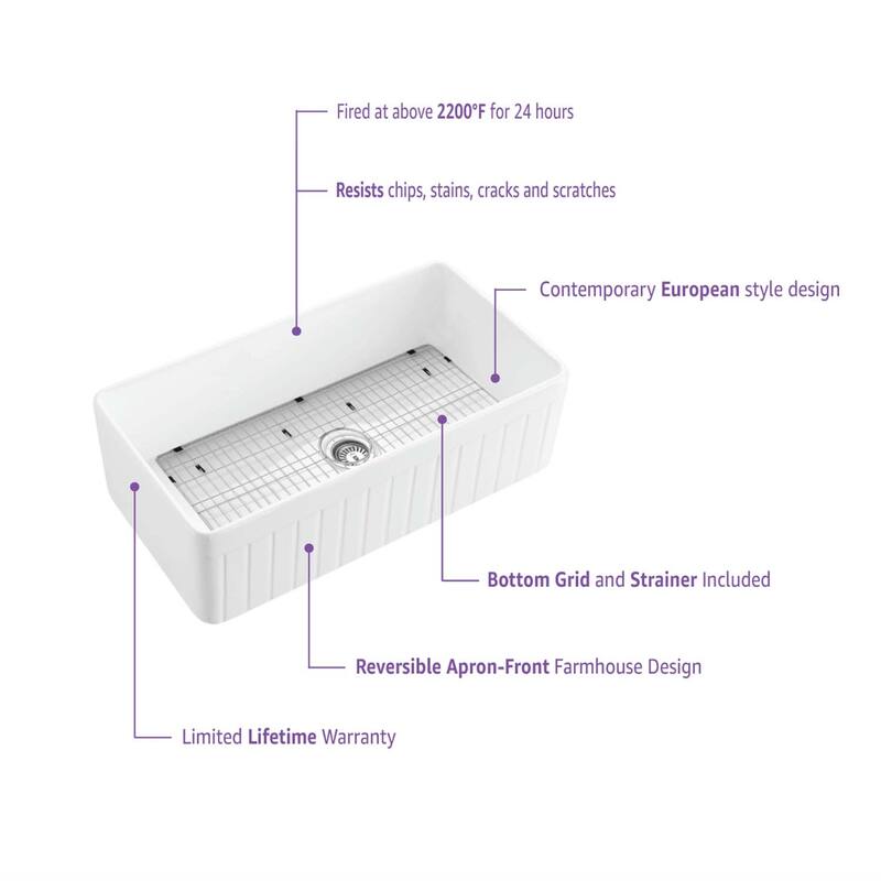 33" White Fireclay Farmhouse Undermount Kitchen Sink with Bottom Grid and Strainer