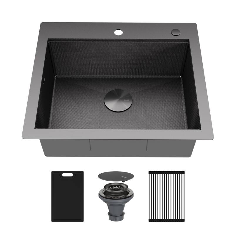 Matrix 25" Top Mount Workstation 16 Gauge Single Bowl Stainless Steel Kitchen Sink with Accessories - Gunmetal Grey