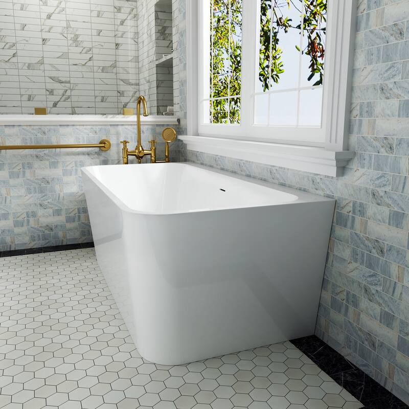 59 in. Freestanding Acrylic Soaking Bathtub, Modern Rectangular Design with Included Drainer