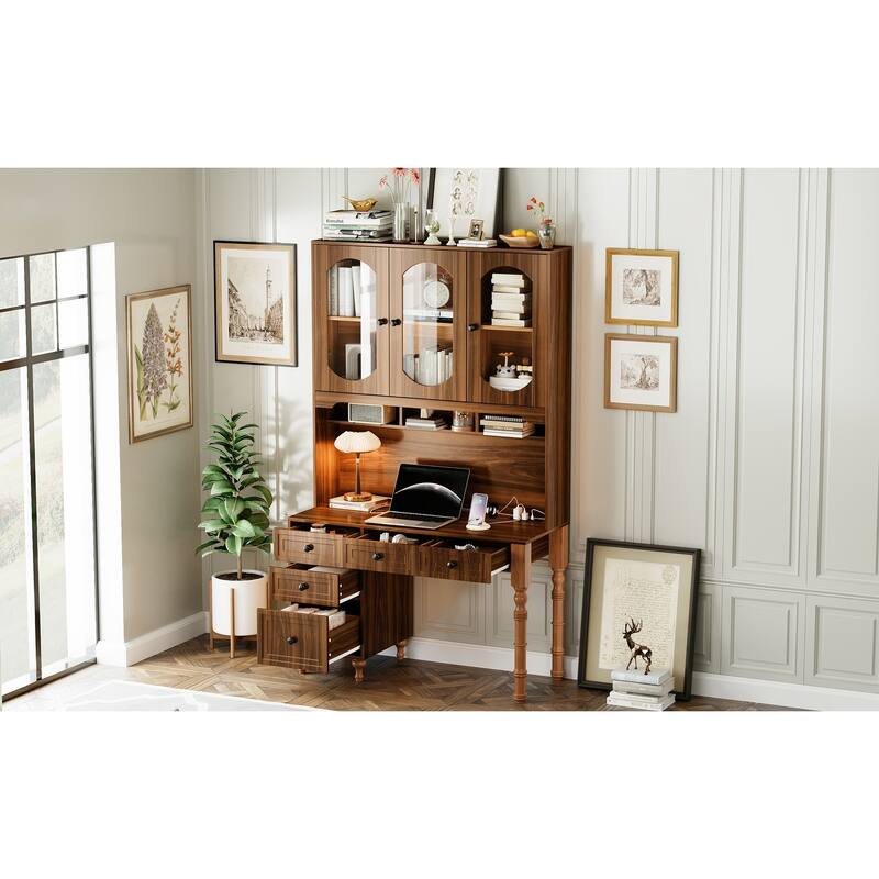Retro Office Desk Executive Computer Desk with Charging Ports & Hutch, 5 Storage Drawers, Glass-Door Bookshelf