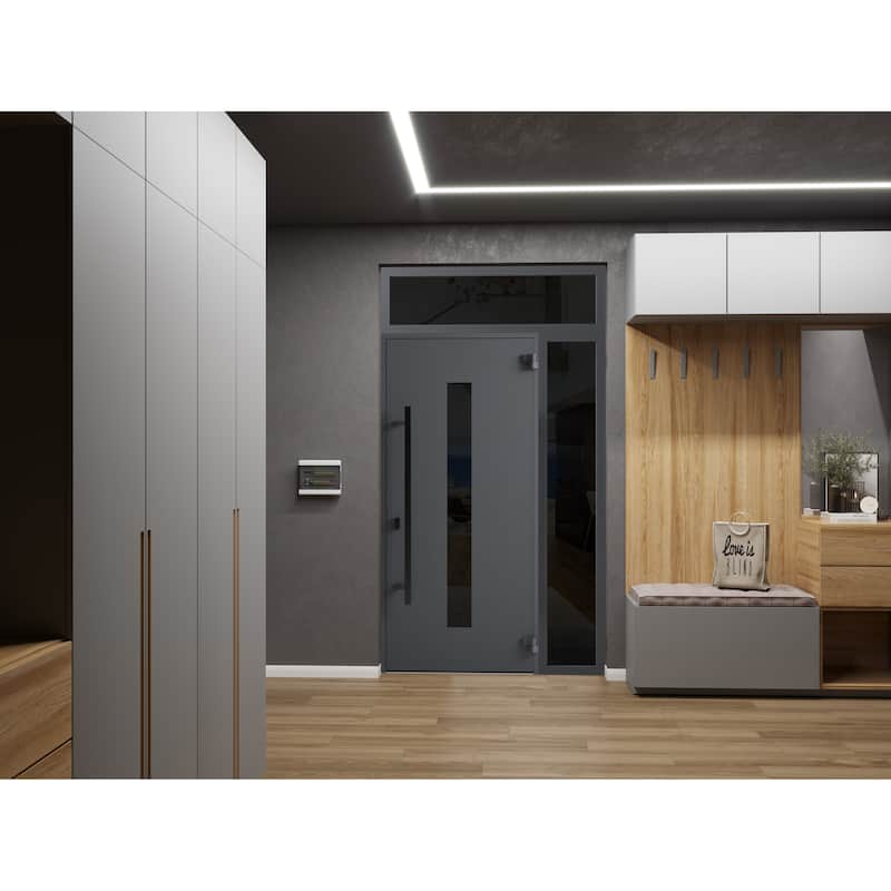 Front Prehung Steel Door Ronex 1011 Grey Side and Top Window Sidelite Stainless Inserts W36+12xH80+16 Lh I