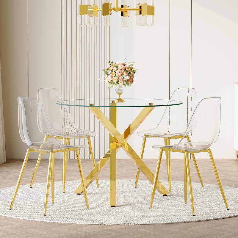 Set of 5 Piece Round Glass Dining Table and 4 Transparent Plastic Chairs X Shaped Metal Base
