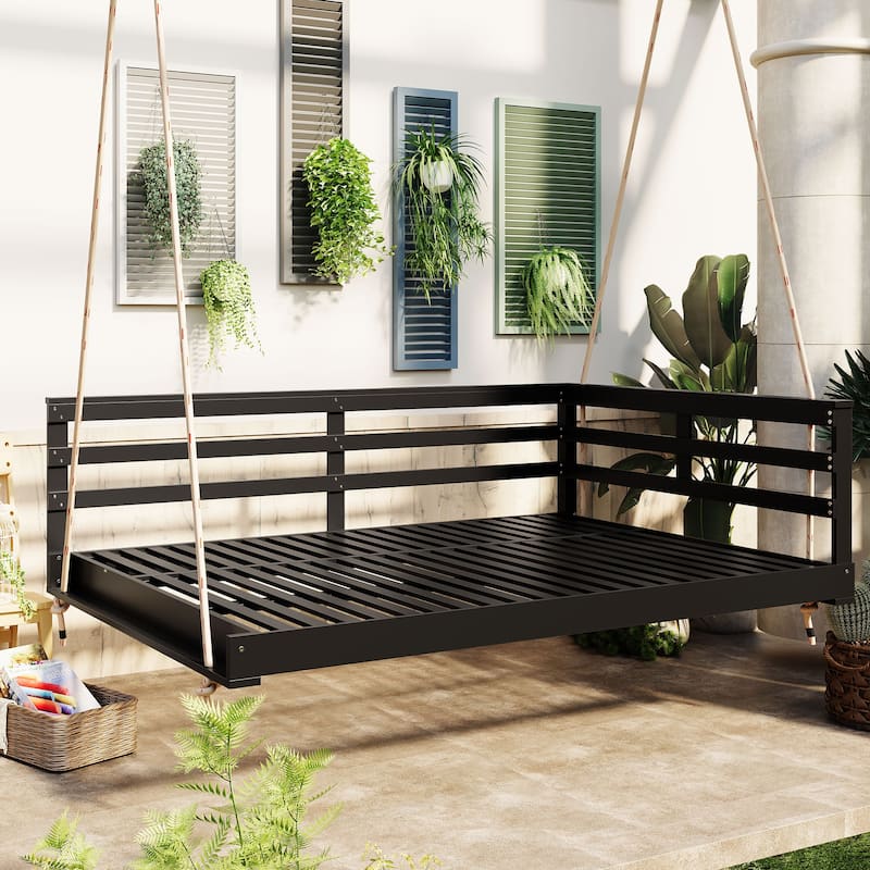 Topmax Acacia Wood Porch Swing Bed For Outdoor With Hemp Ropes - Full Size Patio Hanging Bed (Excluding the table)
