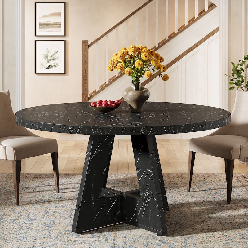 47" Round Dining Table, Wood Top Kitchen Table for Dining/Living Room - Black+White