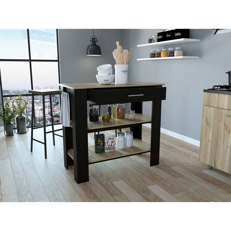 Rockaway 1-Drawer 2-Shelf Kitchen Island Black Wengue and Light Oak