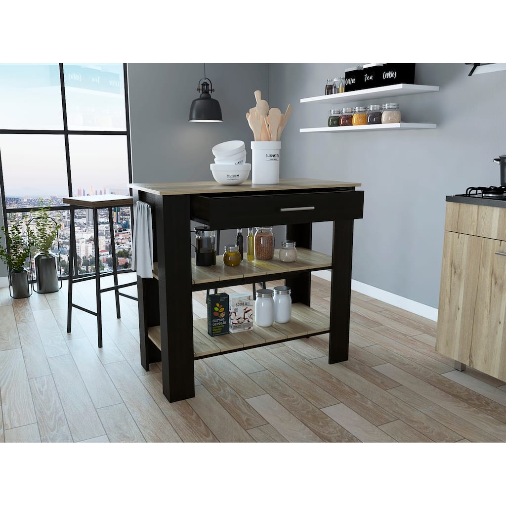 Rockaway 1-Drawer 2-Shelf Kitchen Island Black Wengue and Light Oak