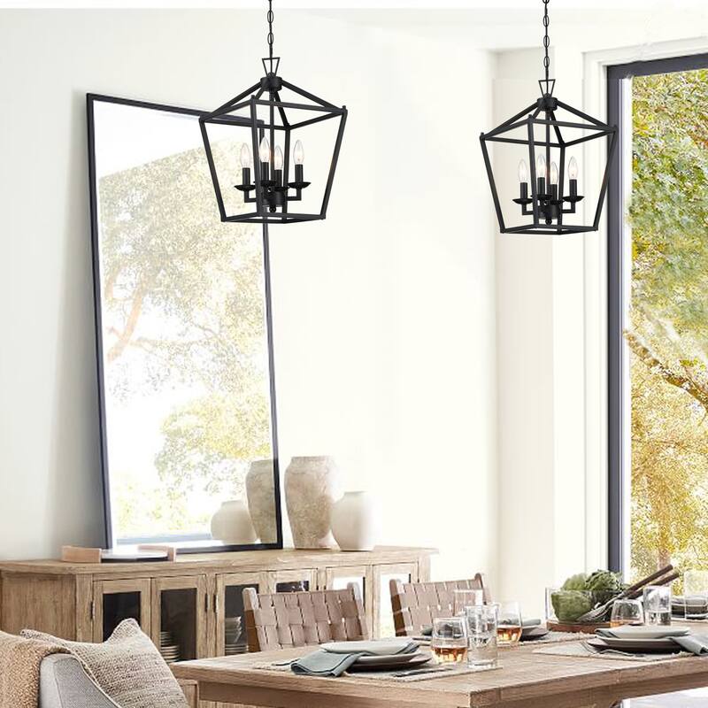 4 Light Matte Black Lantern Pendant - 12"x12"x18"