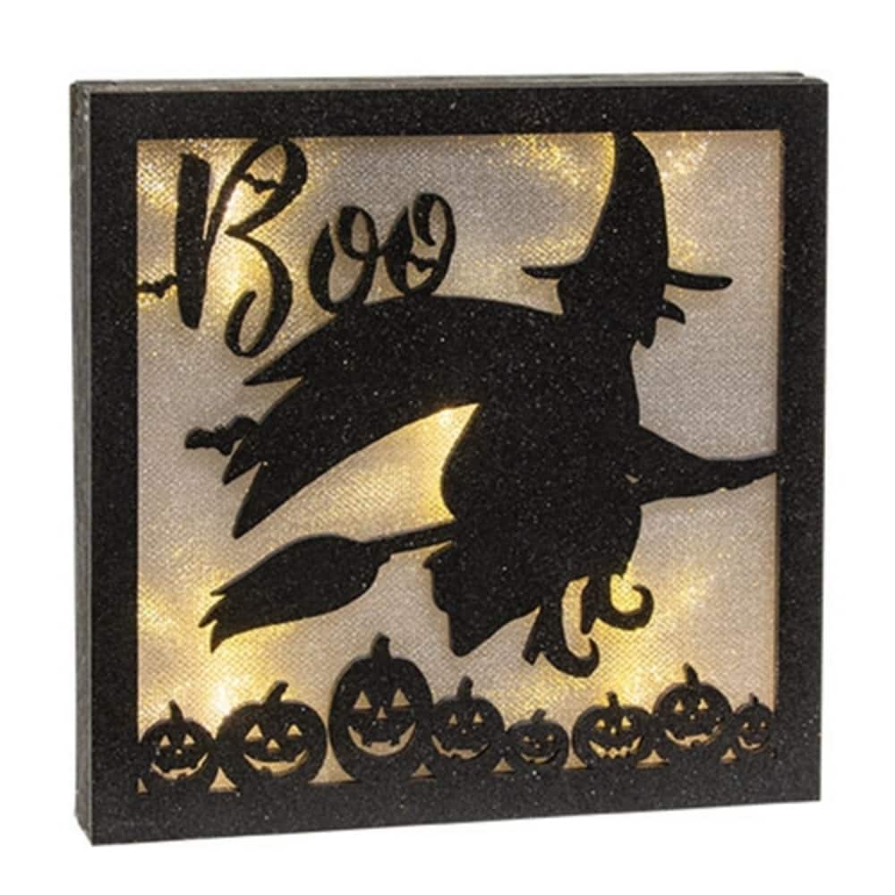 Black Sparkle Boo Witch Lighted Halloween Box Sign