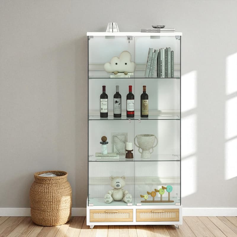 65.9" Modern Glass Display Cabinet with LED Lights, 2 Large Drawers & 4 Shelves, Lockable Storage Case