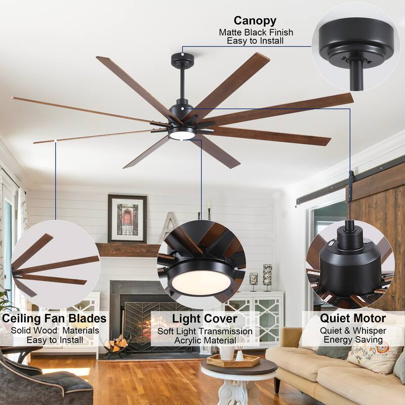 YUHAO 84 In. Indoor/Outdoor Modern Industrial Large Windmill Aluminum Blade Ceiling Fans With Lights, Quiet DC Motor and Remote