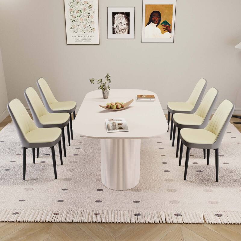 63" medieval modern cream style MDF dining table and PU dining chair set 6, Assemble Desktop and metal leg dining chair set