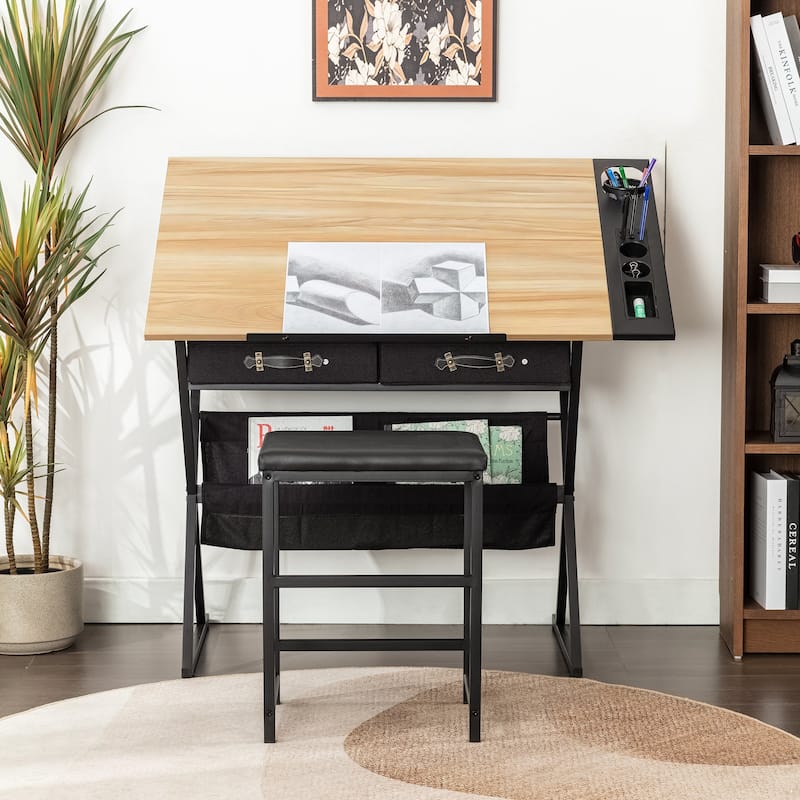 Javlergo Drafting Table Drawing Table Artist Desk Tilting Tabletop Art Craft Desk 2 Storage Drawers and Stool for Home Office