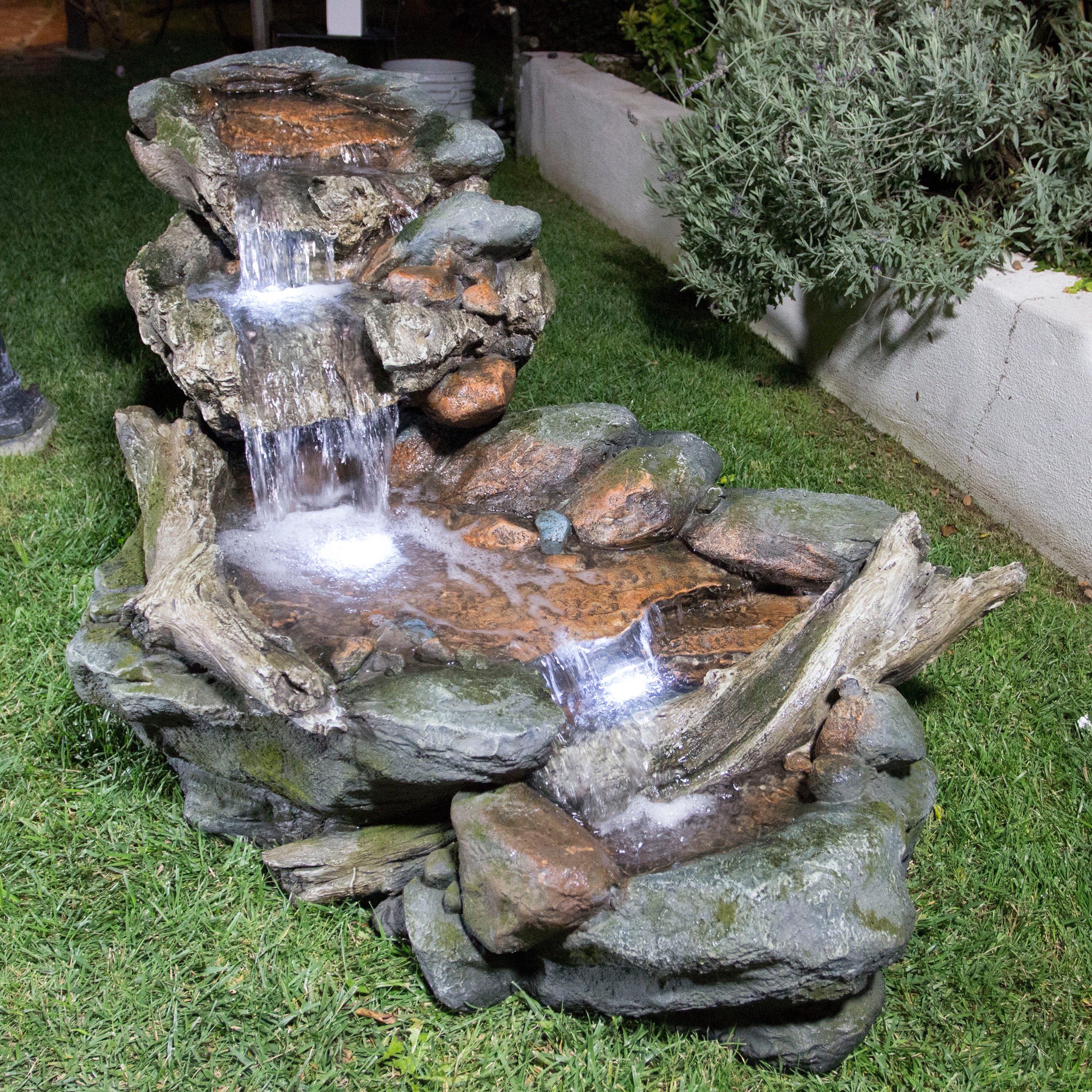 Alpine Corporation 60" Long Outdoor 3-Tier Rainforest Rock River Water Hand-Painted Fountain with LED Lights