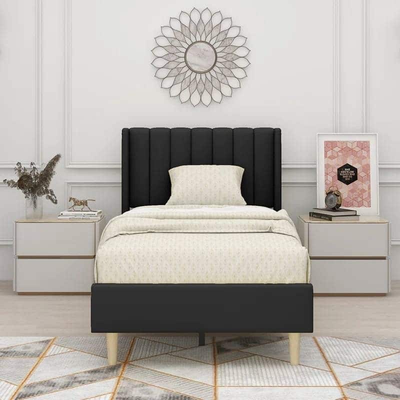 Twin Size Mid Century Modern Platform Bed Frame with Upholstered Headboard Linen No Box Spring Needed