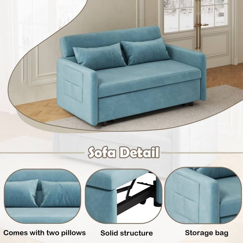 Sofa Pull Out Bed Included 2 Pillows Velvet Sofa for Small Spaces Teal