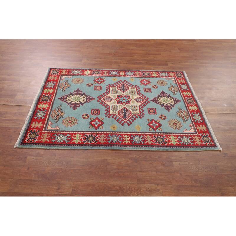 Light Blue Geometric Kazak Foyer Rug Hand-Knotted Oriental Wool Carpet - 3'5" x 4'10"