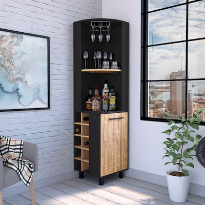 Kaia Corner Bar Cabinet with 4 Shelves, 10 Wine Cubbies, Cabinet, and Glass Rack - N/A