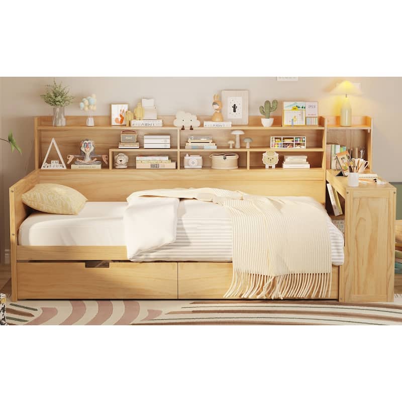 Wooden Twin Size Daybed with Storage Shelves