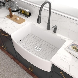 Lordear 30/33 Inch White Ceramic Farmhouse Arch Edge Apron Front Kitchen Sink - Overstock - 31102832