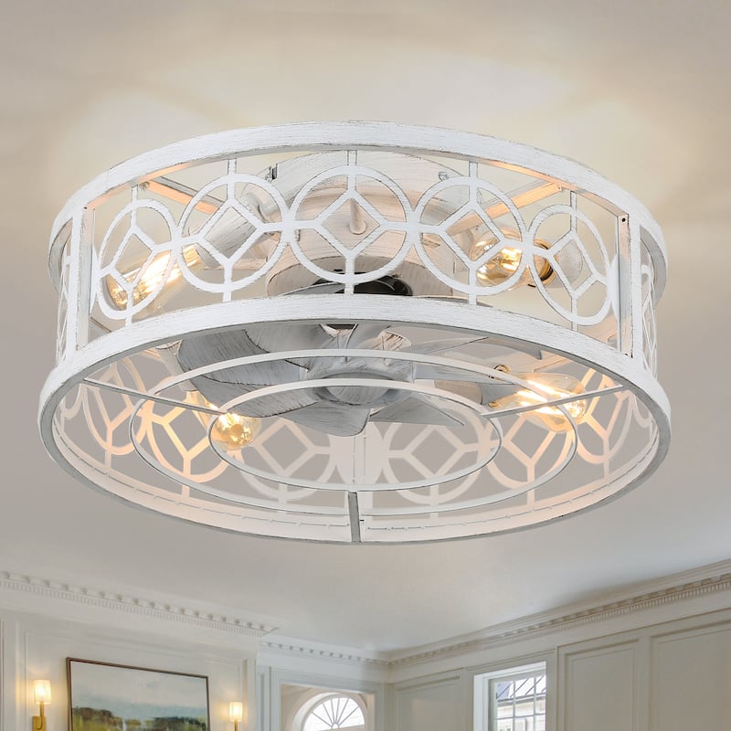 20" Vintage Cream White Caged Light Ceiling Fan, Flush Mount Drum Shaped Classic Ceiling Fan for Bedroom - Pattern two