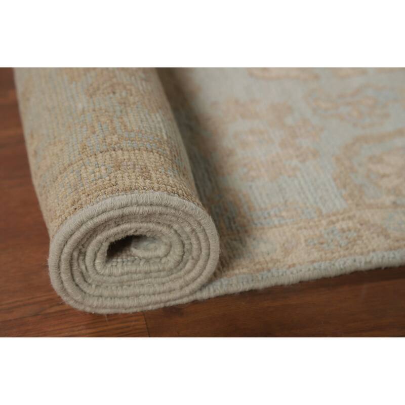 Vegetable Dye Oushak Turkish Runner Rug Handmade Blue Wool Carpet - 2'10" x 9'10"