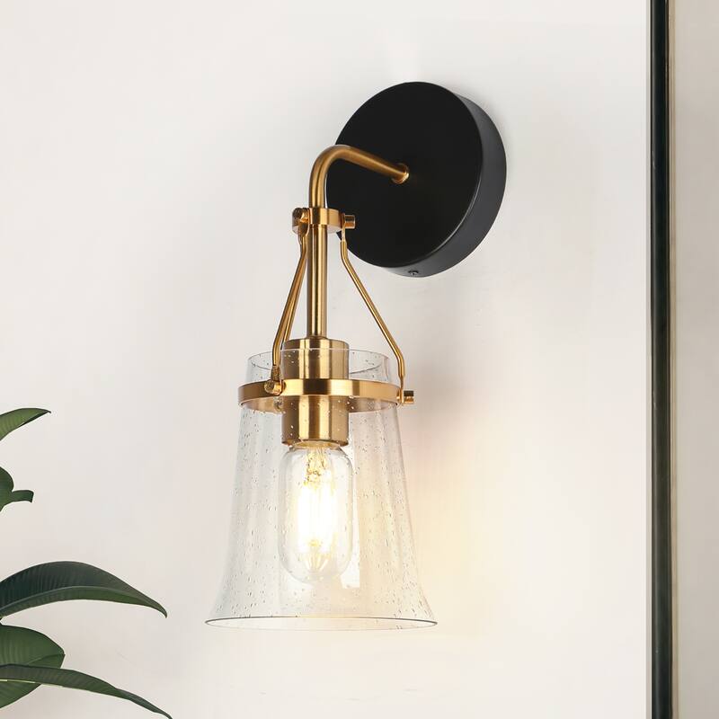 Haye Modern Gold Black 1-Light Wall Sconces Glass Bathroom Vanity Lights - L 5.5" x W 6.7" x H 13.8"