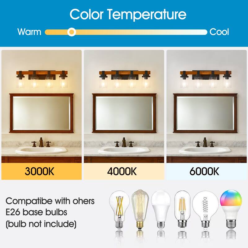 4-Light -Matte Black And Wooden Wall Lamps With Glass Lamp Shade (No Bulbs) For Dinning Room Hallway Bedroom