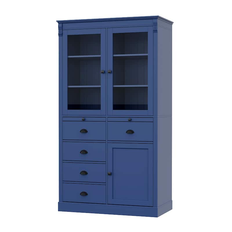 72''H Kitchen Pantry, Display Storage Cabinet with Glass Doors and Drawers, Serving Trays and Shelves