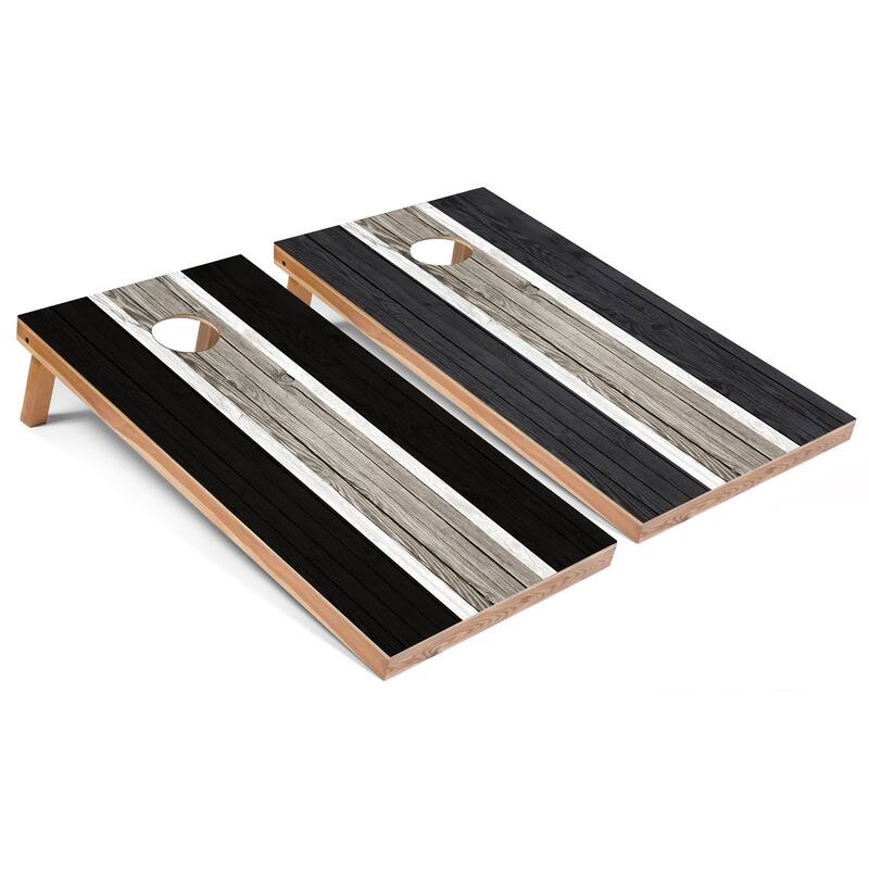 Black and Dark Grey Striped Premium Cornhole Boards w Case & Lights - 16 Years and Up