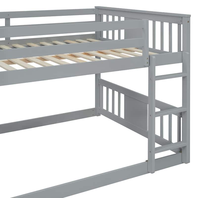 Low Bunk Beds Full Over Full Wood Bunk Bed Frame Floor Bunkbed for Kids Toddlers Boys Girls Teens' Bedroom Dorm