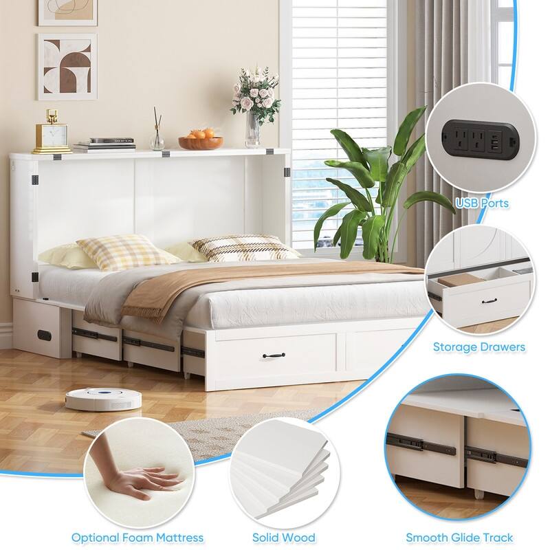 Mixoy Modern Murphy Bed Cabinet Queen Size with Charging,Optional Mattress