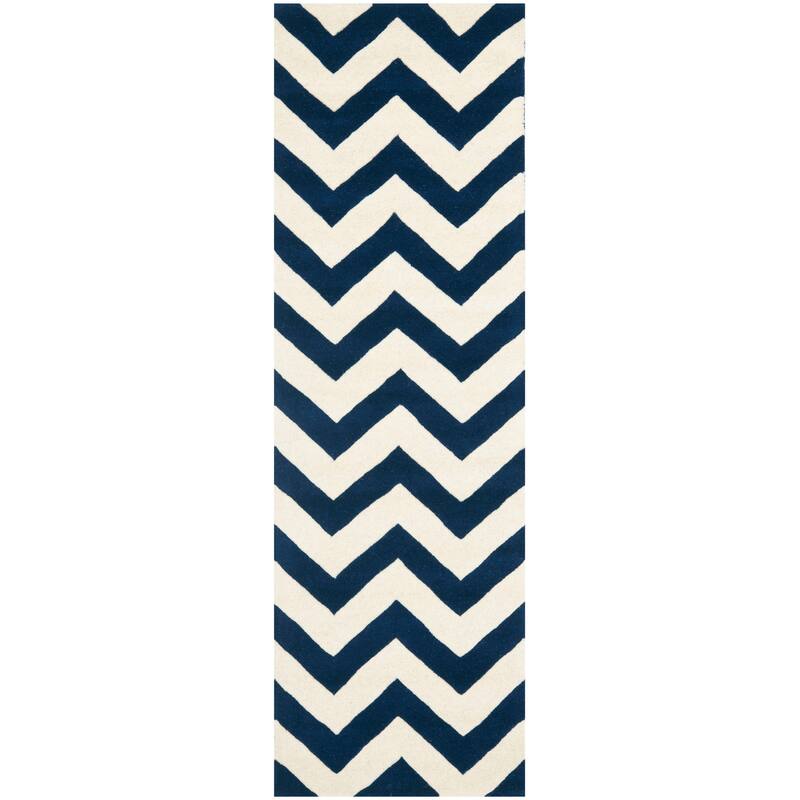 SAFAVIEH Handmade Chatham Traudel Modern Moroccan Wool Rug - 2'3" x 9' Runner - Dark Blue/Ivory