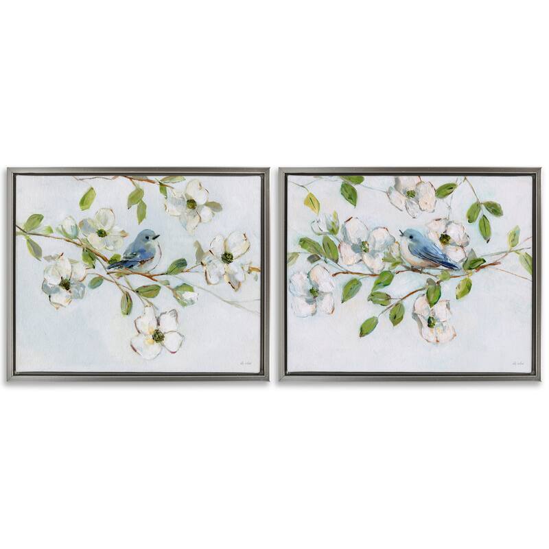 Stupell Perched Bluebirds on Branch Framed Floater Canvas Wall Art Design By Sally Swatland (Set of 2) - 31 x 25 - Grey