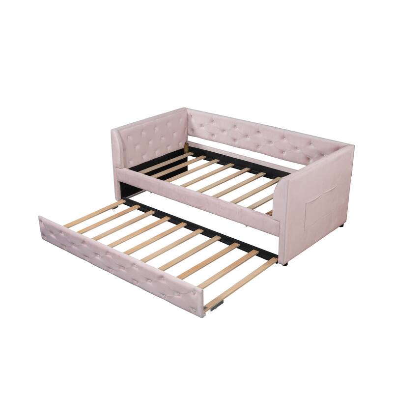 Twin Velvet Tufted Daybed with Trundle & Storage - 400LB Capacity