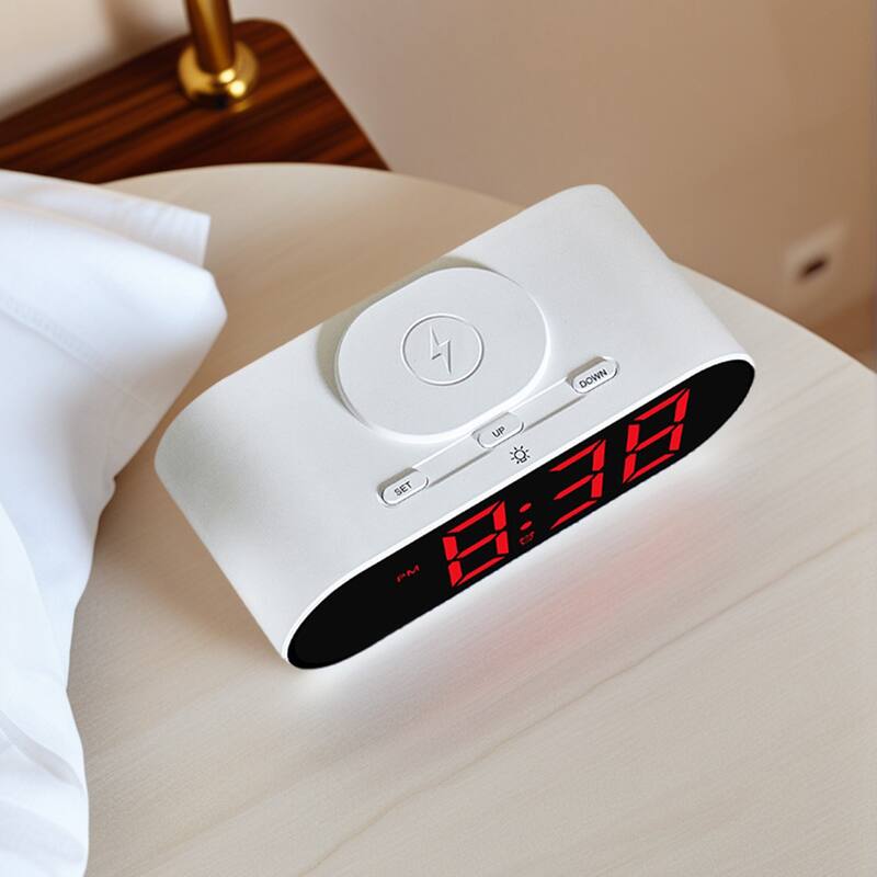 Oval Alarm Clock with Nightlight, Dimmable, 12/24H,USB Port, Wireless Charging, Decorate for Bedroom 7.1 x 3.1 x 2.4 inch - Red