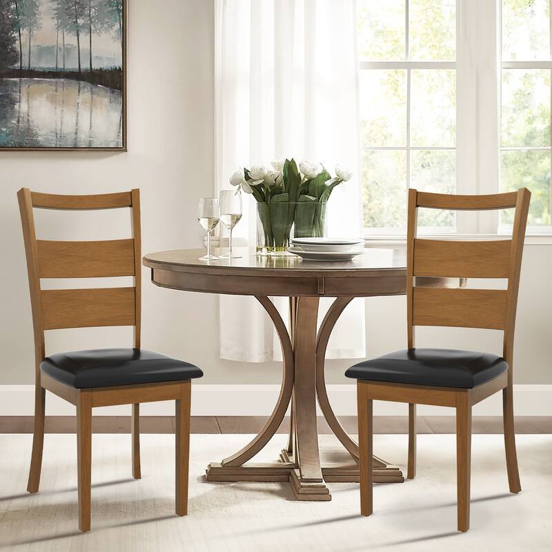 PU Leather Dining Chairs Set of 2 - Ladder High Back w/Adjustable Foot Pegs，Dark Brown